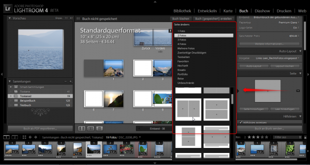 Für das Layout steht eine Vielzahl von Vorlagen bereit. Diese sind nach Anzahl der zu verwendenden Fotos sortiert. (Adobe/Screenshot: Petra Vogt)
